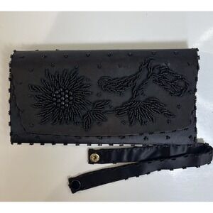 Vtg Black Beaded Clutch Wristlet Purse Handmade Hong Kong Evening‎ Bag Cocktail